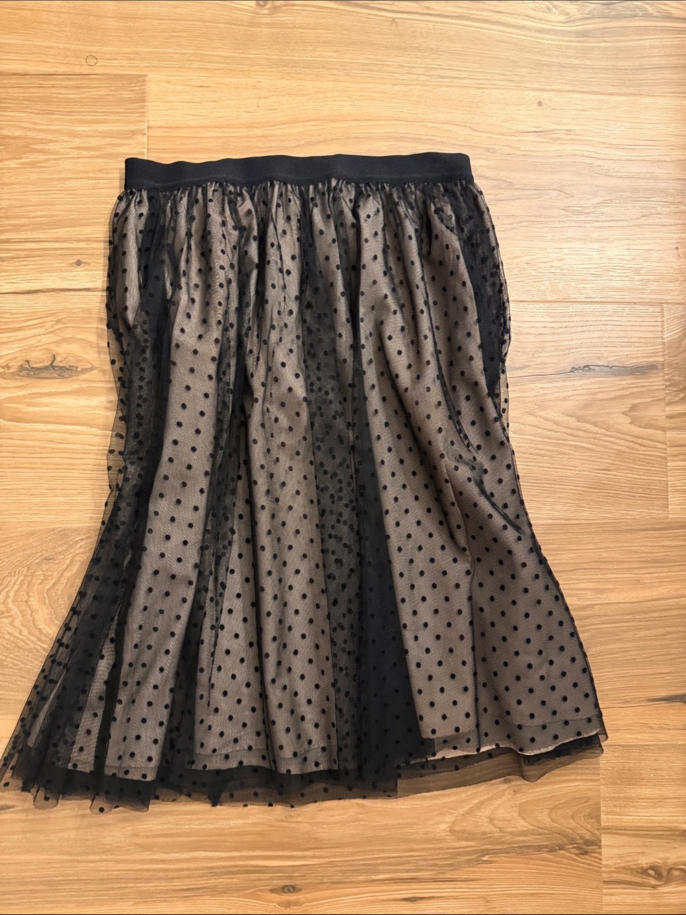 Ann Taylor Black Polka Dot Tulle Midi Skirt with Tan Lining